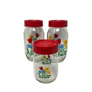 Vintage Carlton Glass Floral Canister Set 3 Red Lid Kitchen Storage Jars 80s